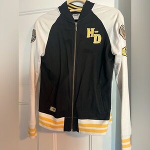 Harley Davidson zipper jacket with patches, size large, unlined, 2 pockets